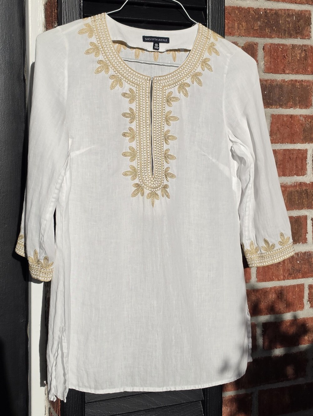 Saks Fifth Avenue 100% Linen White With Gold Embroidered Tunic Top Sz M